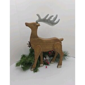 Wood Look Resin Reindeer Figurine Metal Antlers‎ 14" Rustic Christmas Decor